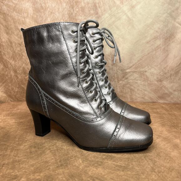 AJ Valenci Victorian Style Lace Up Heeled Boots Gray Leather Steampunk Gothic - Picture 1 of 13